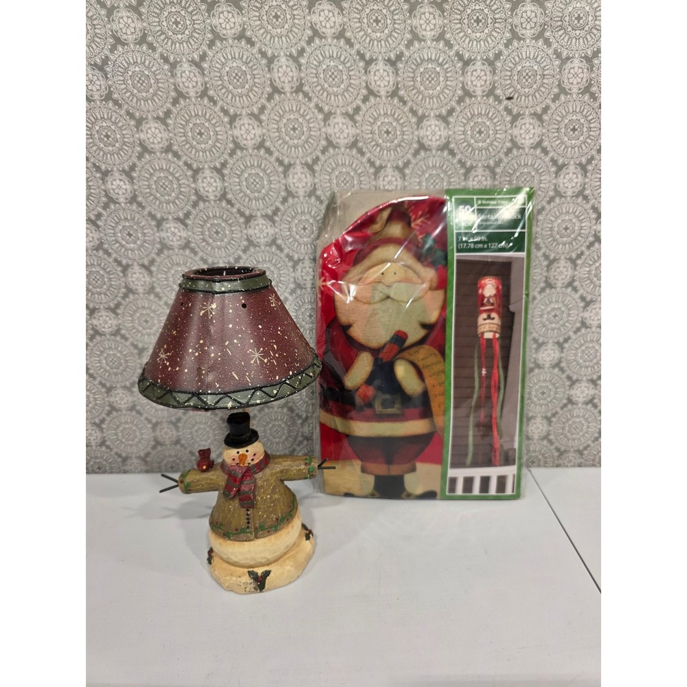 Snowman Table Lamp Tea‎ Candle Holder Accent Decor & 50" Santa Windsock Holiday